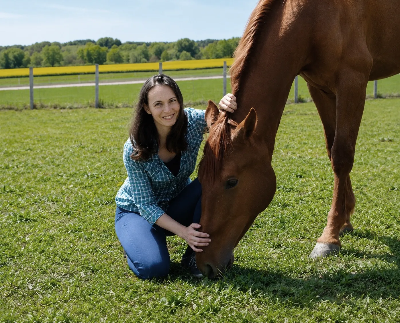 Tóthné Dr. Vida Tímea egy lóval a legelőn